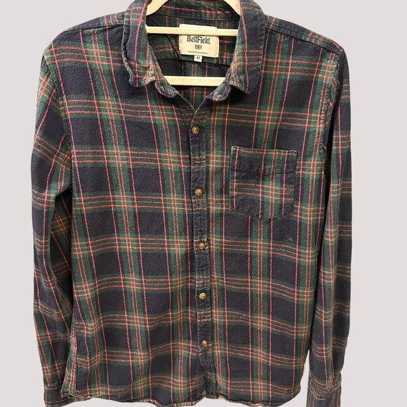 Bellfield Mens Medium Tartan Flannel Shirt Green & Red Button Down - Picture 1 of 5